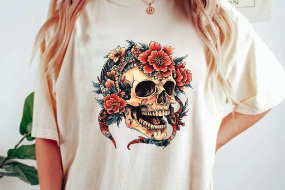 Download Vintage Floral Skull Tattoo Design with Snake Neo Traditional Illustration Png - Tattoo design Collection