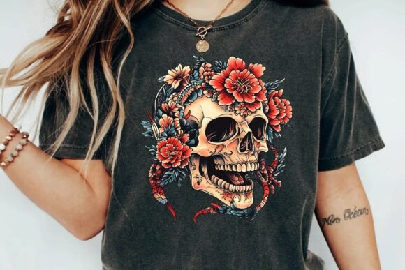 Download Neo Traditional Skull and Peony Flower Snake Tattoo Design Png - Tattoo design Collection