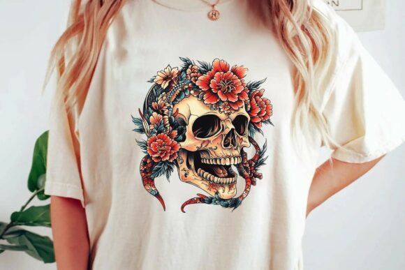 Download Japanese Floral Skull Tattoo Design with Red Peonies and Snake Png - Tattoo design Collection